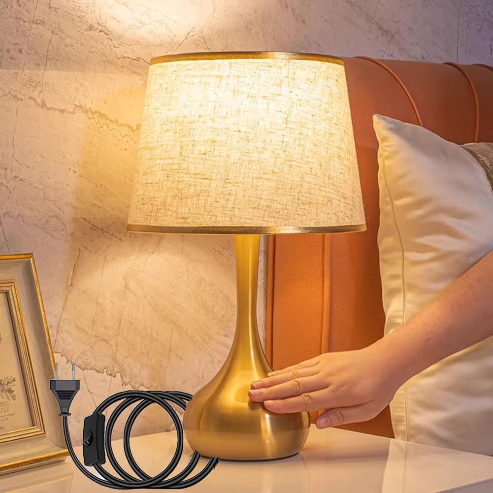 Dimmbare Tischlampe 3000K/4500K/6000K Touch Control Tischleuchte mit Stecker Kabel Nachttischlampe mit Schalter Stoffschirm Schreibtischlampe Gold Metall Nachtlampe Retro E27 Für Wohnzimmer