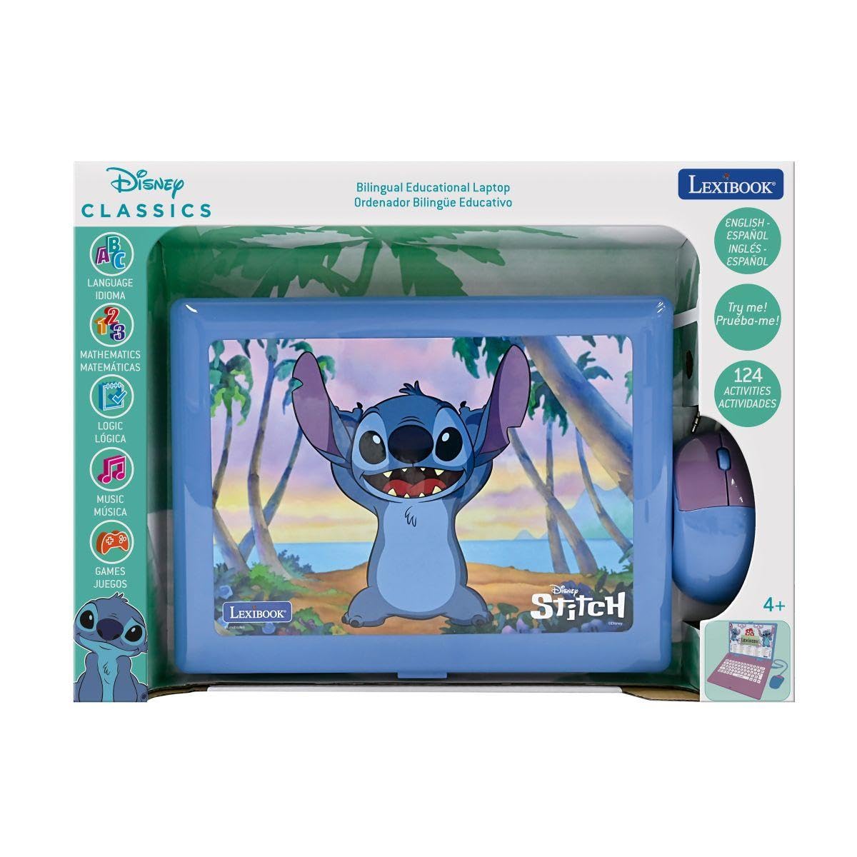 Lexibook, Disney Stitch JC598Di2LXB Ordinateur Portable éducatif bilingue Anglais/Espagnol, 124 activités de Langue, écriture, mathématiques, logique, Musique et Jeux pour Enfants