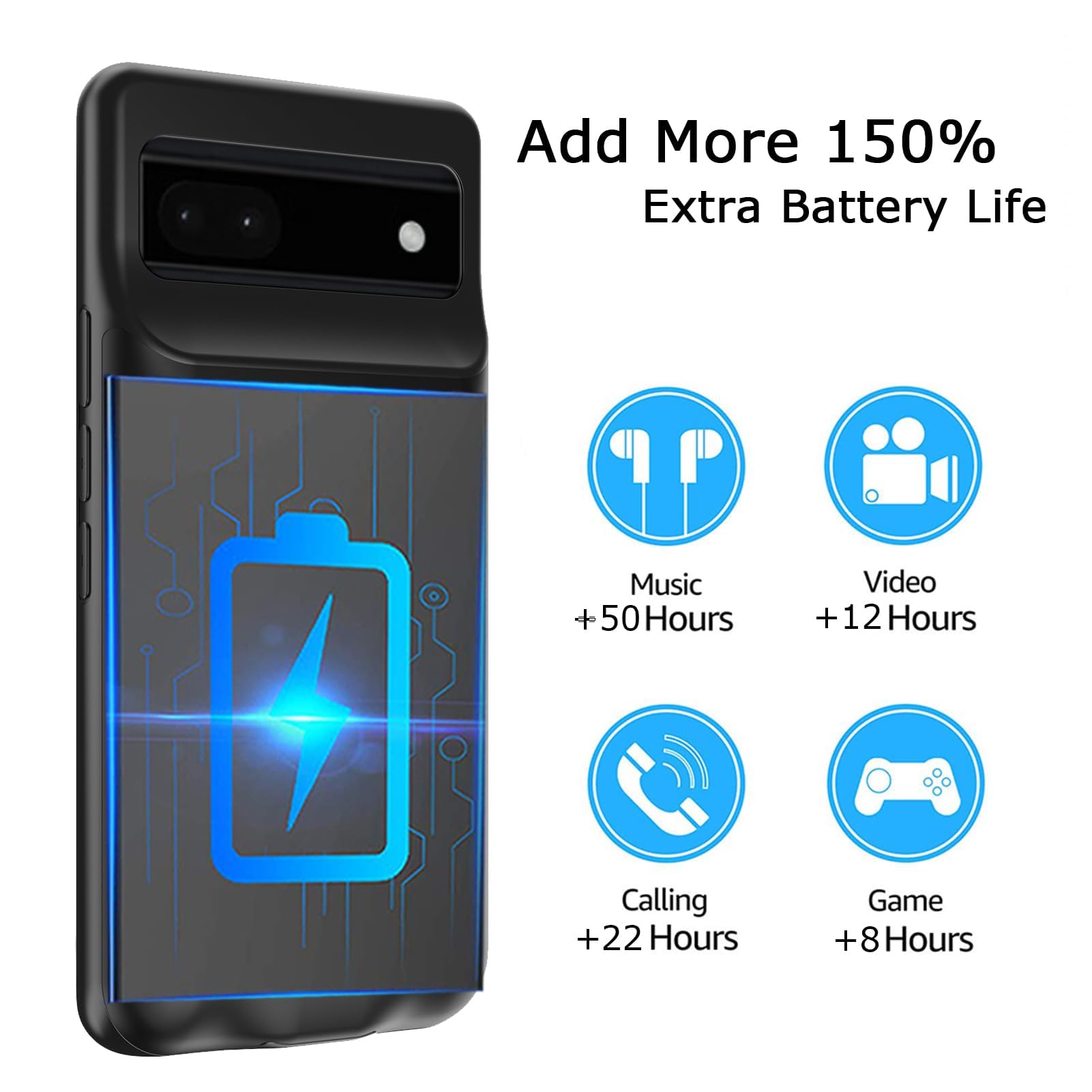 Carcasa de batería para Google Pixel 7a, caja de cargador recargable para batería 10000mAh mejorada con carga inalámbrica compatible para la cubierta de carga externa