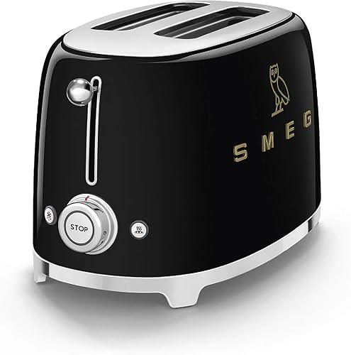 Smeg Tostadora de 2 rebanadas, acero inoxidable, colección OVO, tostadora de dos rebanadas con 6 ajustes preestablecidos y bandeja extraíble para