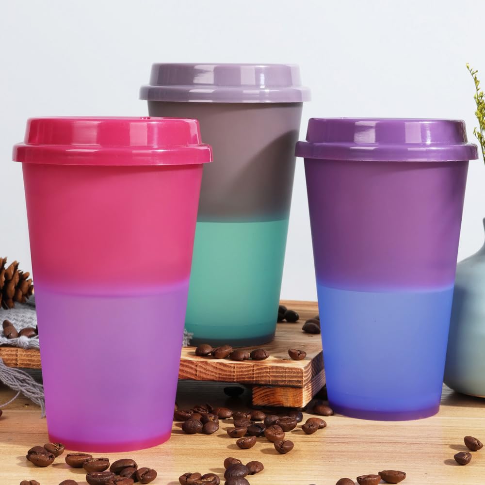 Yisituo 480ml Reusable Coffee Cups with Lids, Plastic Tumblers, 12 Pack Colour Changing Travel Mugs, for Home Car, Beach - Image 3