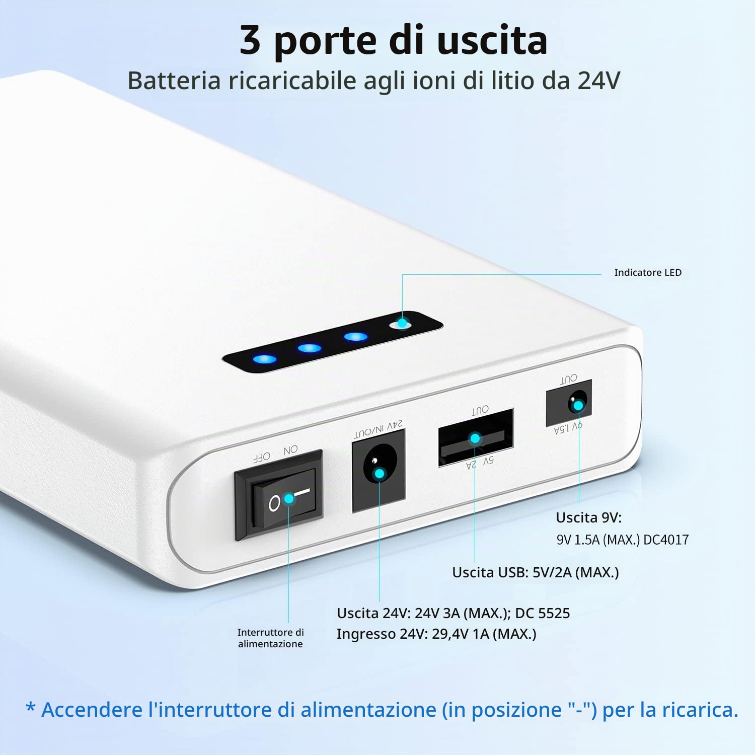 melasta 24V, 3350mAh Powerbank Batteria Esterna Ricaricabile Agli ioni di Litio, con Uscita DC da 9V, Uscita USB da 5 V, per Strisce LED, Luce a Nastro, Telecamera CCTV e Altro Ancora (con Caricatore)