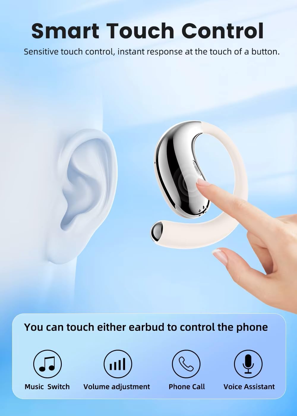 Wireless Open Ear Bluetooth Headphones, Black, Outside Ear Hanging Design with Charging Base, Over-Ear Style Earbuds Air Conduction Sound Open Wearing Ear-Hook TWS Earbuds (White/Silver)