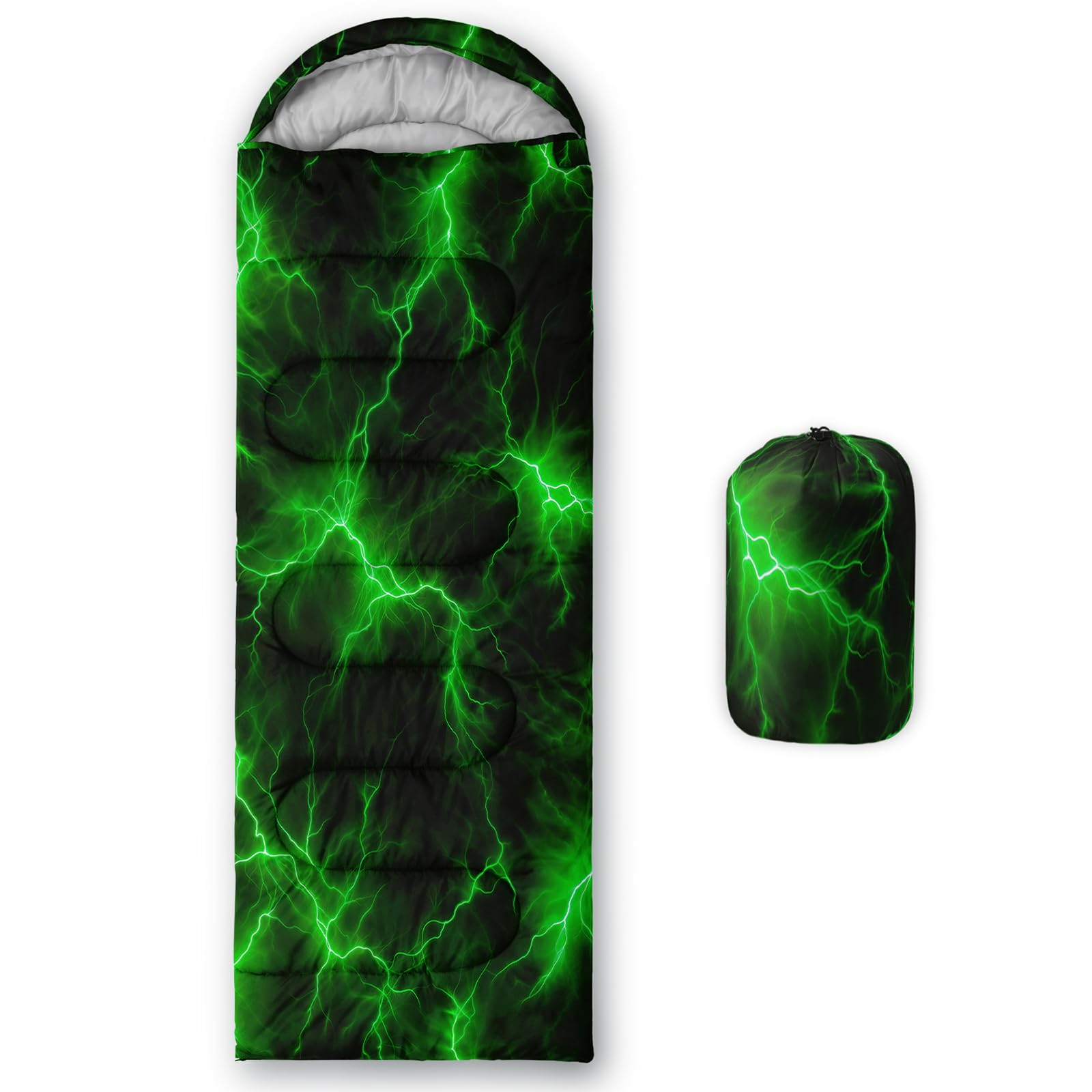 QOOMO Green Lighting Printed Camping Sleeping Bags,3 Season Warm & Cool Weather,Lightweight,Waterproof Sleeping Bags for Adults & Kids,Traveling,and Outdoors,Camping Gear Equipment,31x90inch