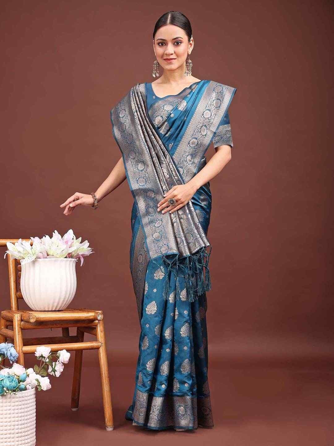 Shiv Textiles Women's Banrasi Silk Woven Saree(AUS-ASBNS1001-TEAL) 1