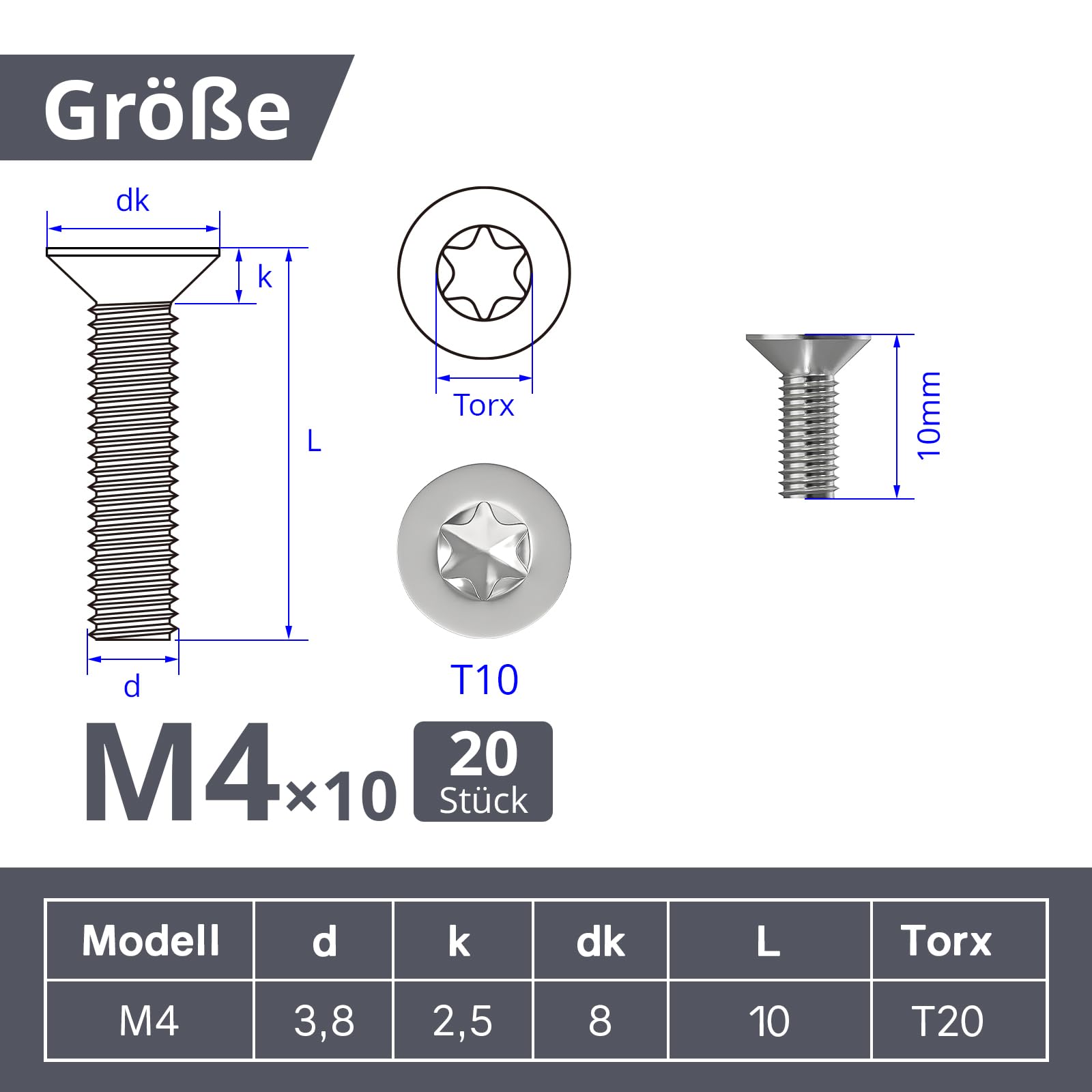 ORTAVA 20 śrub M4 x 10 mm, M4 śruby łbem Torx z stali nierdzewnej 304, śruba z łbem wpuszczanym / Torx (ISR/TX) zgodnie z normą ISO 14581