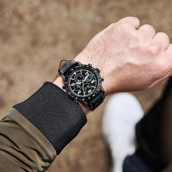 Image of PINDOWS Watch for Men Black Brown Analog Digital Sport Multifunction Luminous LED Dial Waterproof Watches Fashion Wristwatches