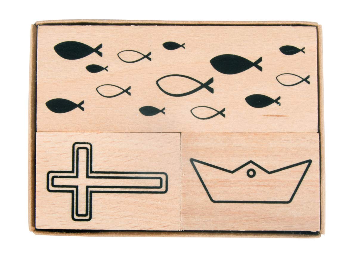 Rayher 29199000 Set of Three Wood Mounted Rubber Stamps with Baptism, First Communion and Confirmation Themed Designs, Wooden Stamp for Invitations, Scrapbooking and Card Making, 3.9x2.6cm – 8.3x2.6cm