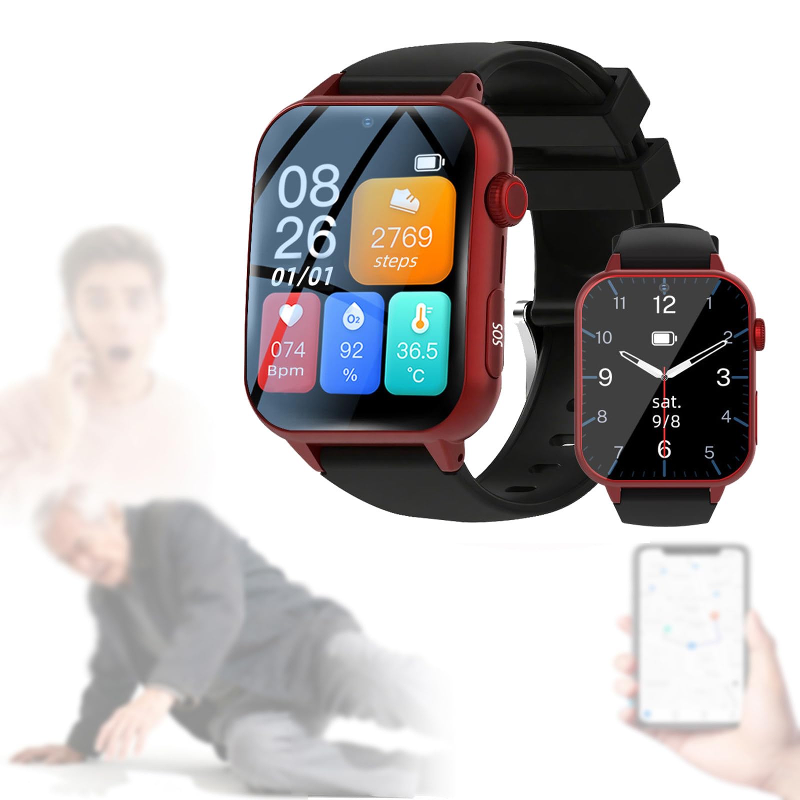 Reloj inteligente con detección de caídas, rastreador GPS, videollamadas, función SOS, monitoreo de salud, recordatorio de medicamentos, pantalla HD de 1.83 pulgadas