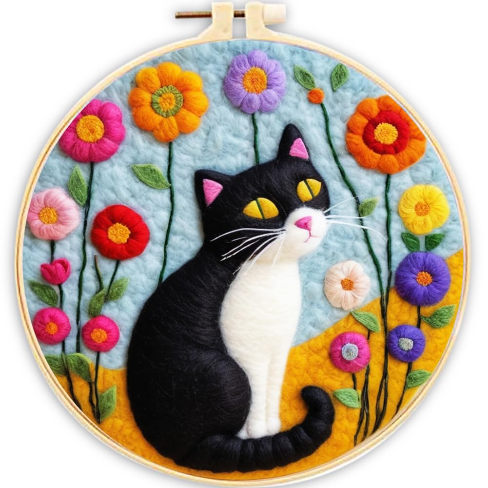 ABEUTY Needle Felting Kits for Beginners Adults, Black Cat Flowers DIY Wool Felt Painting Starter Kit with Embroidery Hoop and Tools for Home Decor (Cat)