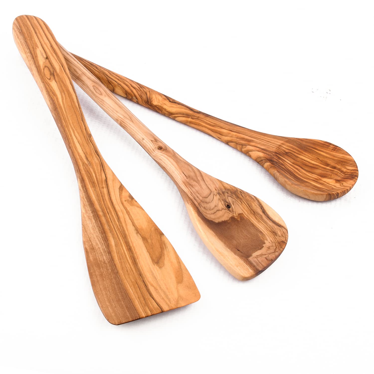 Cucchiai da cucina di alta qualità, 3 set in legno d'ulivo, rotondi, con angolo + spatola (set da 3)