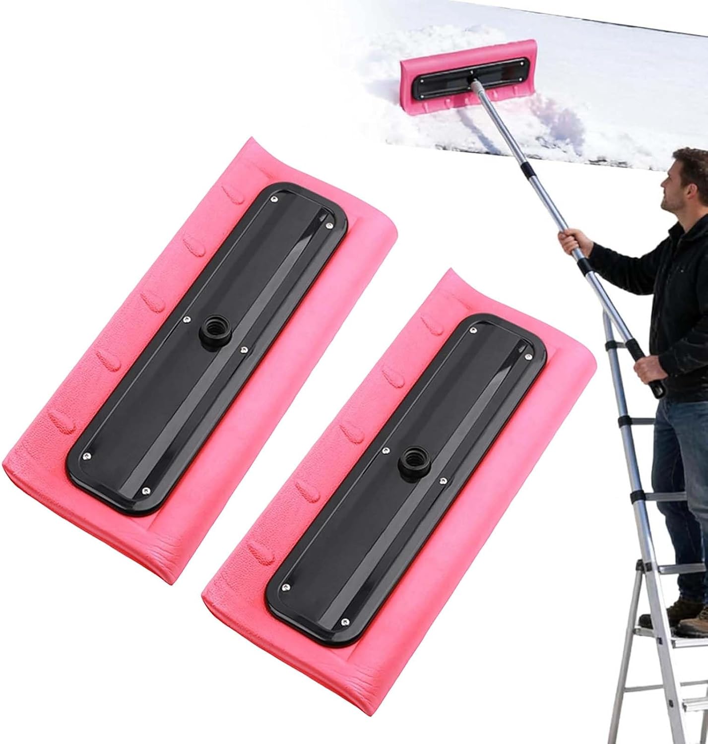 Snow Roof Rake, Foam Broom Scraper and Ice Pusher for Driveway, Vehicle, Garage and Home, Lightweight Winter Cleaning Tool with Wide Head for Roof, Lawn, Backyard and Outdoor Snow Removal (2pc)