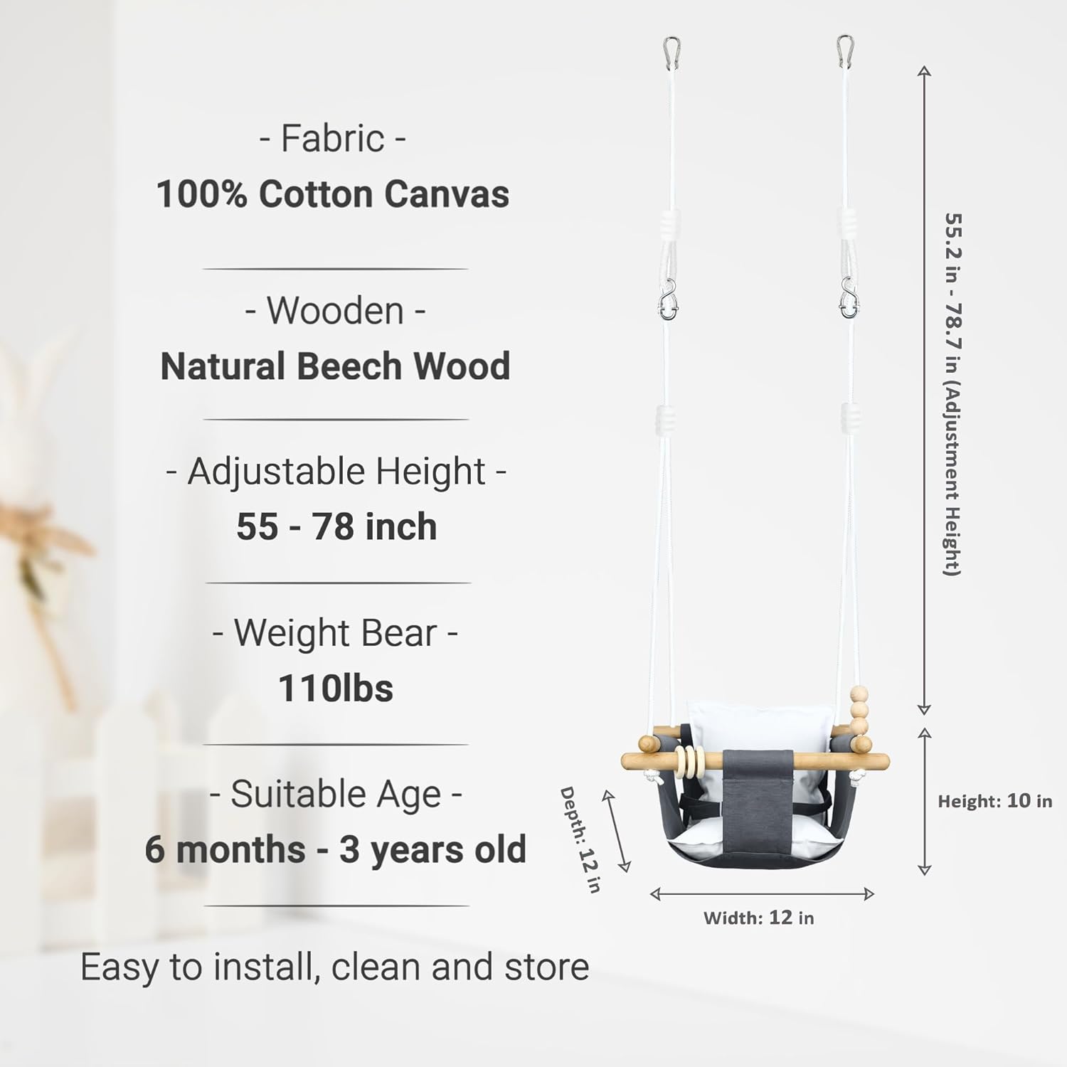 Baby Swing Outdoor and Indoor - Canvas Baby Swing 6 Months to 3 Years, Durable Baby Swing Chair, Indoor Baby Swing, Outdoor Baby Swing, Full Set of Ceiling Screws (Gray)