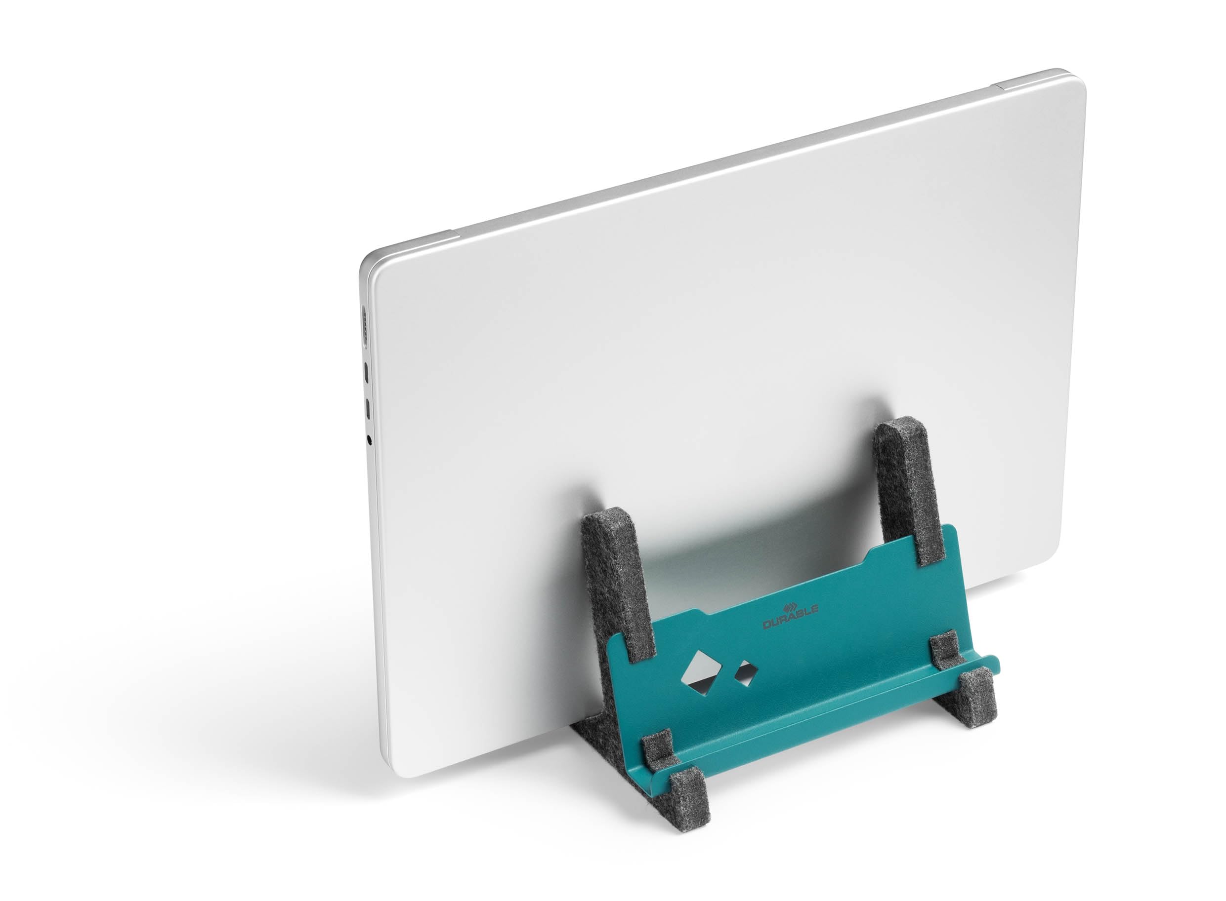 Durable Vertical Laptop Stand EFFECT - Made from 60 percent Recycled PET Felt - Stylish Laptop Holder with Phone and Tablet Tray - Grey and Dark Green