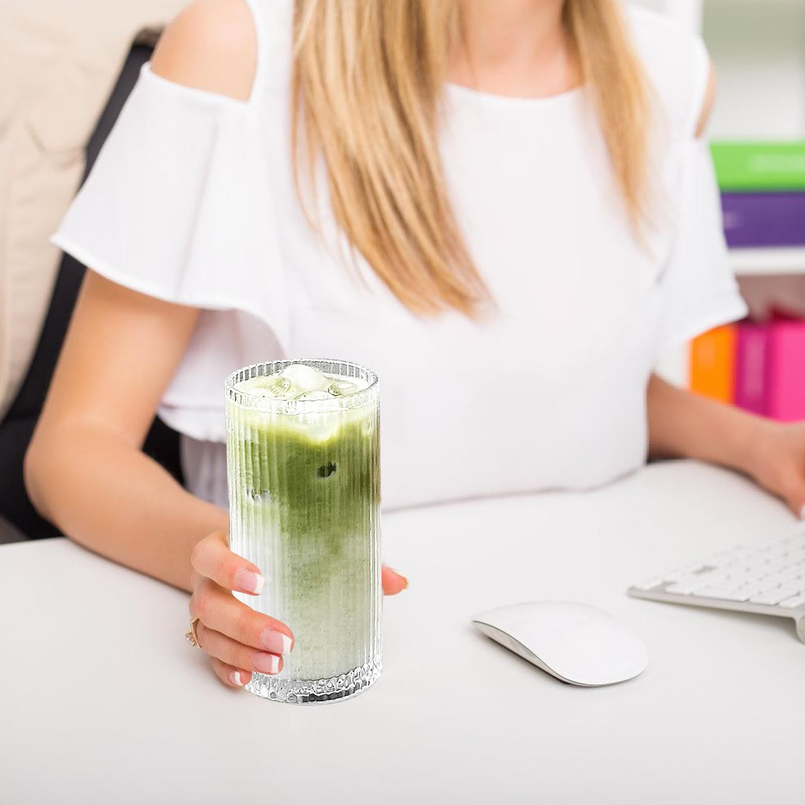 Set di 4 bicchieri lunghi drink scanalati da 360 ml: tazze da caffè, bicchieri in vetro trasparente, vetro di alta qualità, tazze da caffè per tè, latte, whisky, succhi, mojito