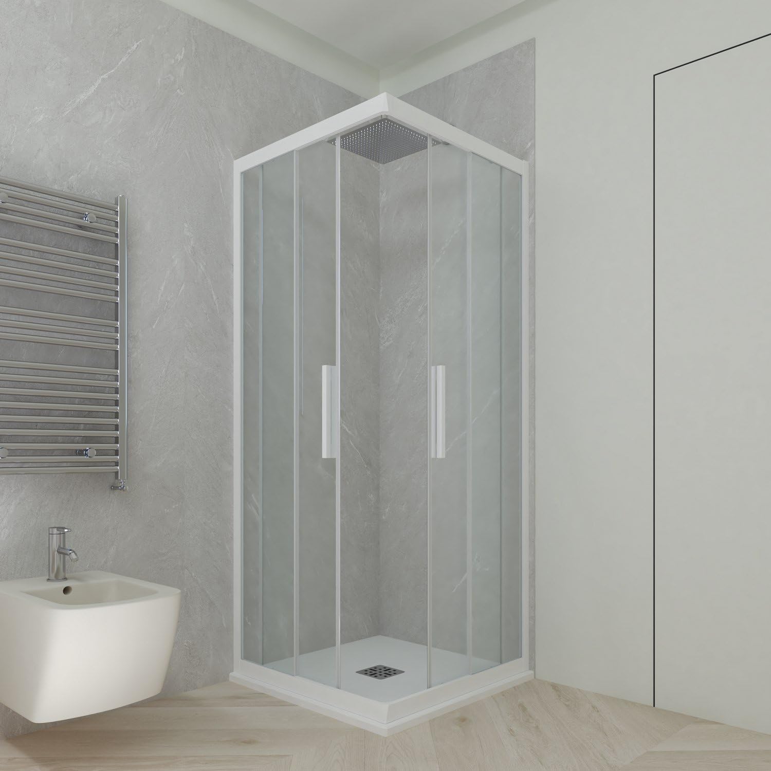 Mampara de ducha angular deslizante 90x120 CM de PVC Blanco Matt H 200 Vidrio Transparente mod. Kolors