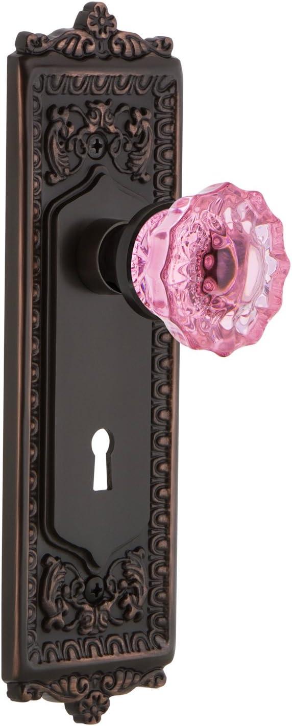 Nostalgic Warehouse 722815 Egg & Dart Plate with Keyhole Single Dummy Crystal Pink Glass Door Knob in Timeless Bronze
