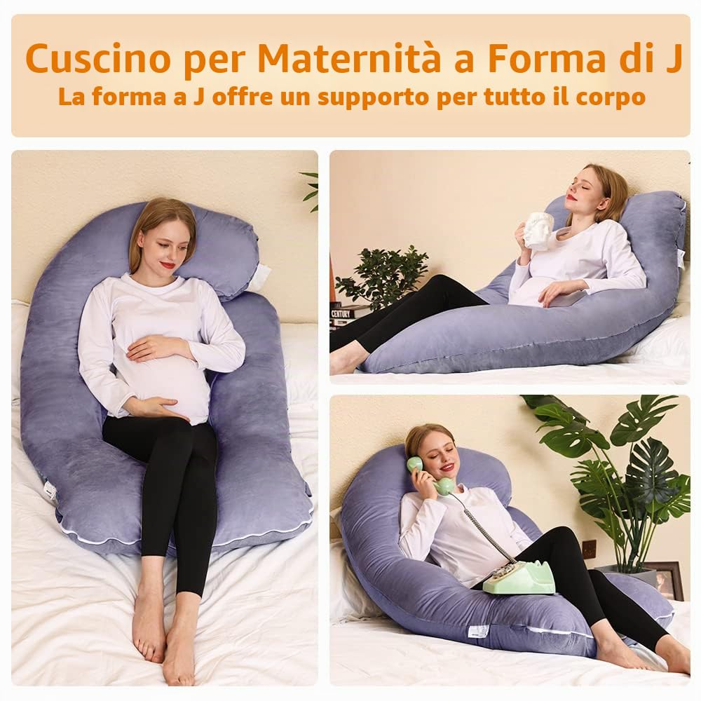 Chilling Home Cuscino Gravidanza, Cuscino per Chi Dorme Sul Fianco a Forma di J con Fodera, Cuscino a U,Cuscino per L'allattamento, Cuscino di Posizionamento Grande per donne,Grigio Blu