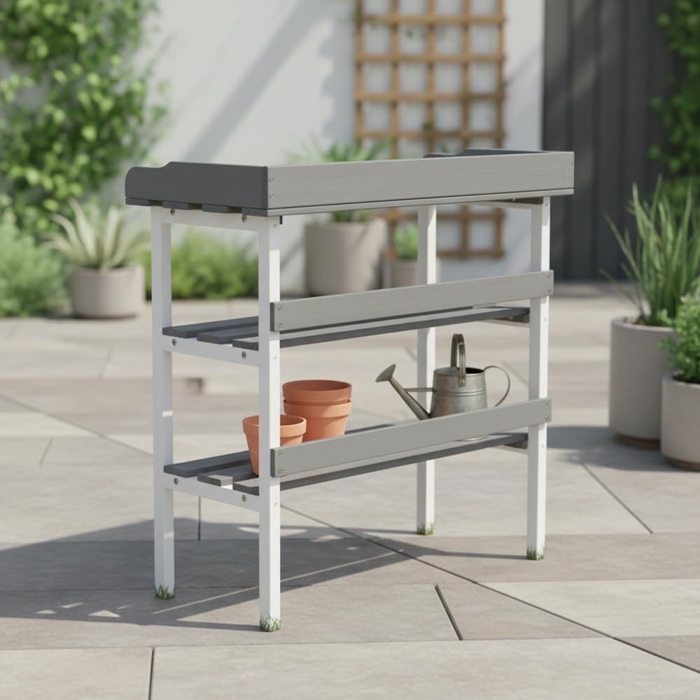 Melko Pflanztisch aus Holz mit verzinkter Arbeitsplatte, Gartenarbeitstisch mit 2 Ablagen & 3 Haken, Pflanzregal/Beistelltisch für Balkon, Terrasse & Gewächshaus, 84 × 78 × 38 cm