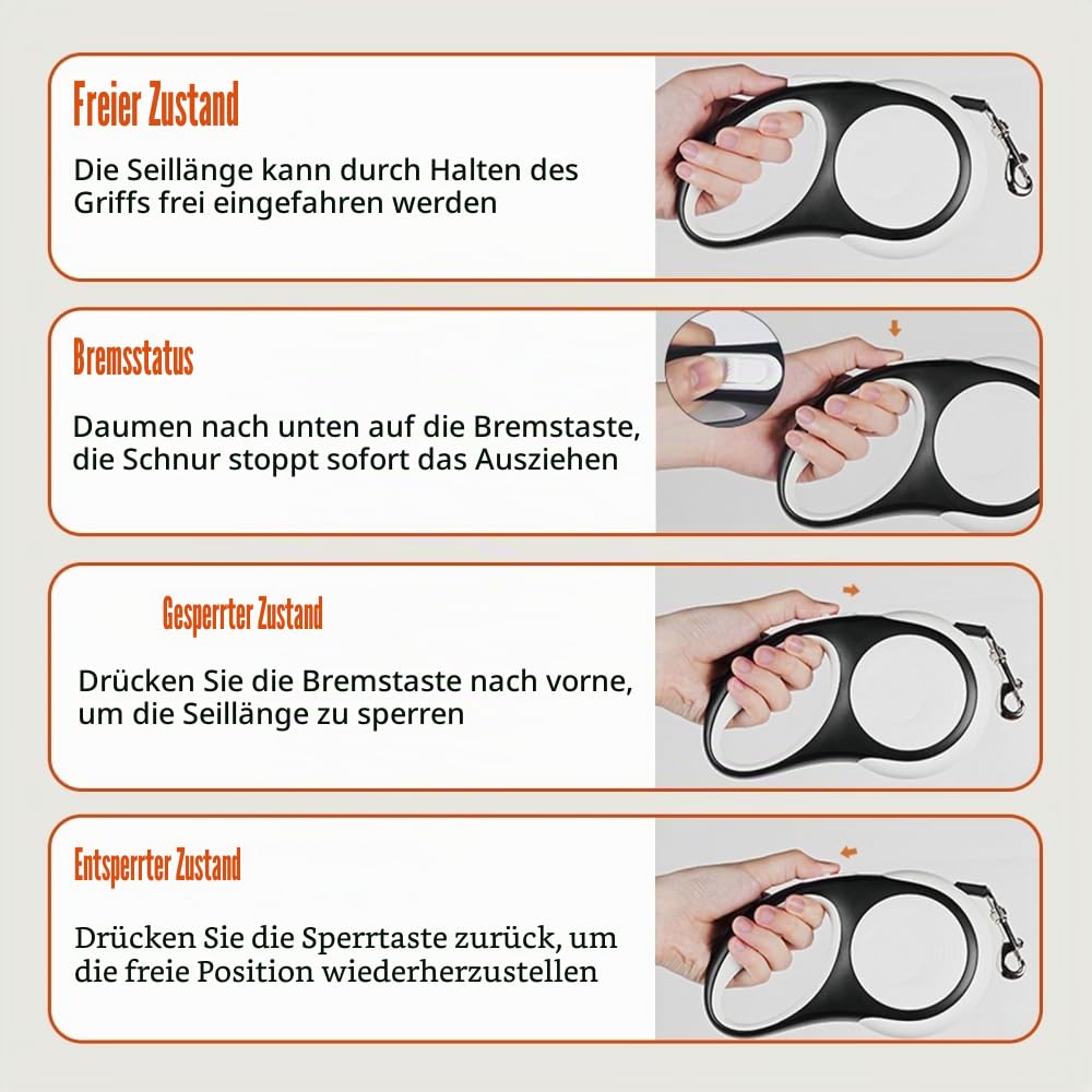 Einziehbare Hundeleine, 3/5 m, 30 kg, Robuste Hundeleine mit LED Taschenlampe, Einhandbremse Haustier Leine, Verwicklungsfreie Rollenleine für Kleine und Mittelgroße Hunde