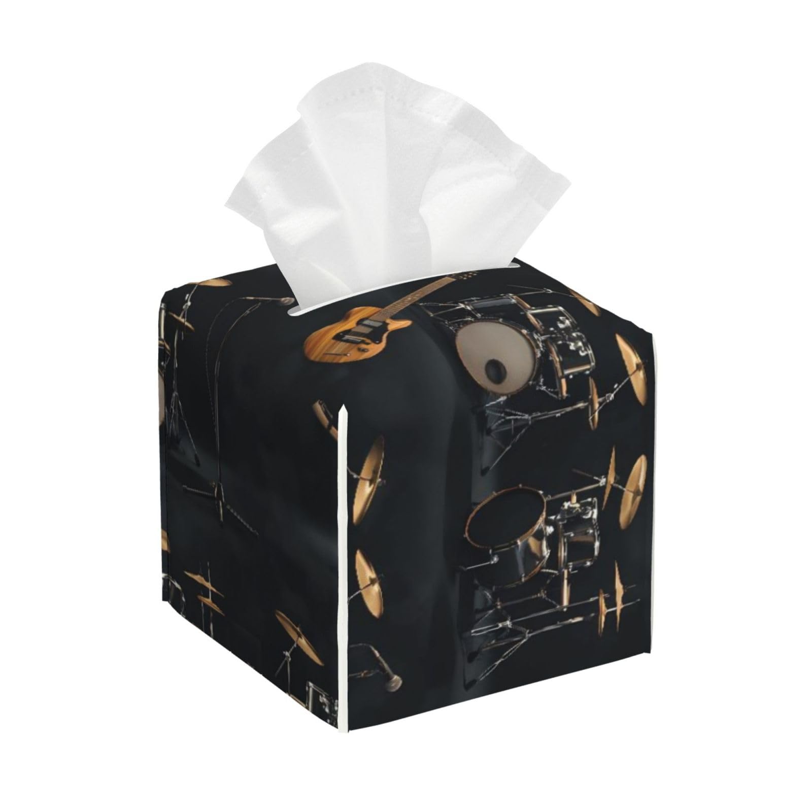 Guitar Drum Kit Leather Tissue Box Cover Holder Square Facial Paper Organizer 5.2" X 5.2" X 5.2"
