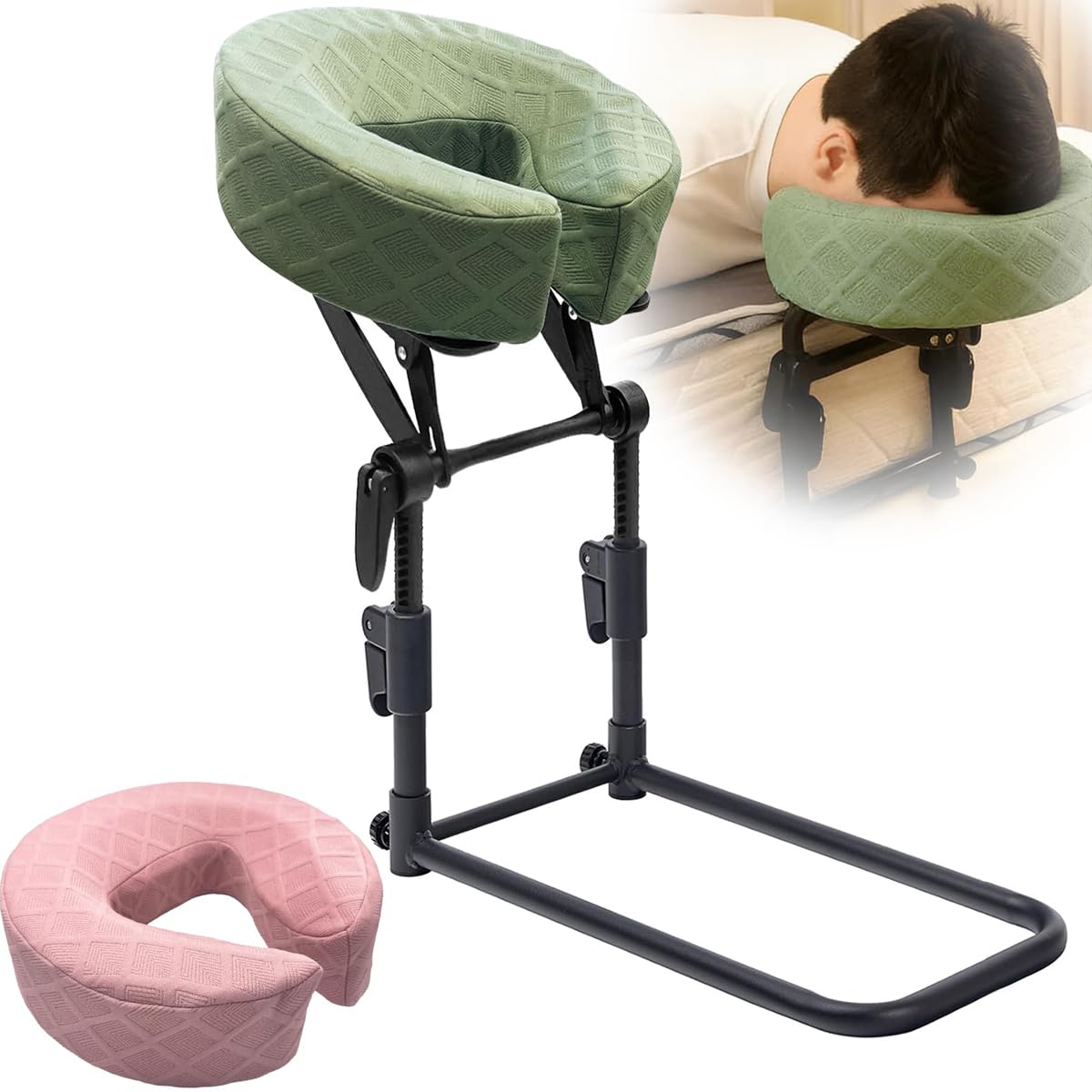 Massage Headrest for Bed, Home Mattress Top Massage Kit, Adjustable Massage Table Head Holder for Professional and Home Use with 2 Pack of Removable & Washable Pillowcases (Green & Light Pink)