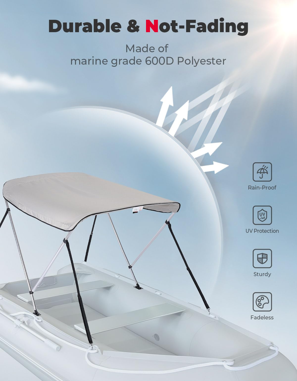 KEMIMOTO Bimini Top Bootsabdeckung Sonnenverdeck, Bootsverdeck Sonnendach Sonnensegel Sonnenschutz, Grau, 161 L*119-139 W*110 H cm