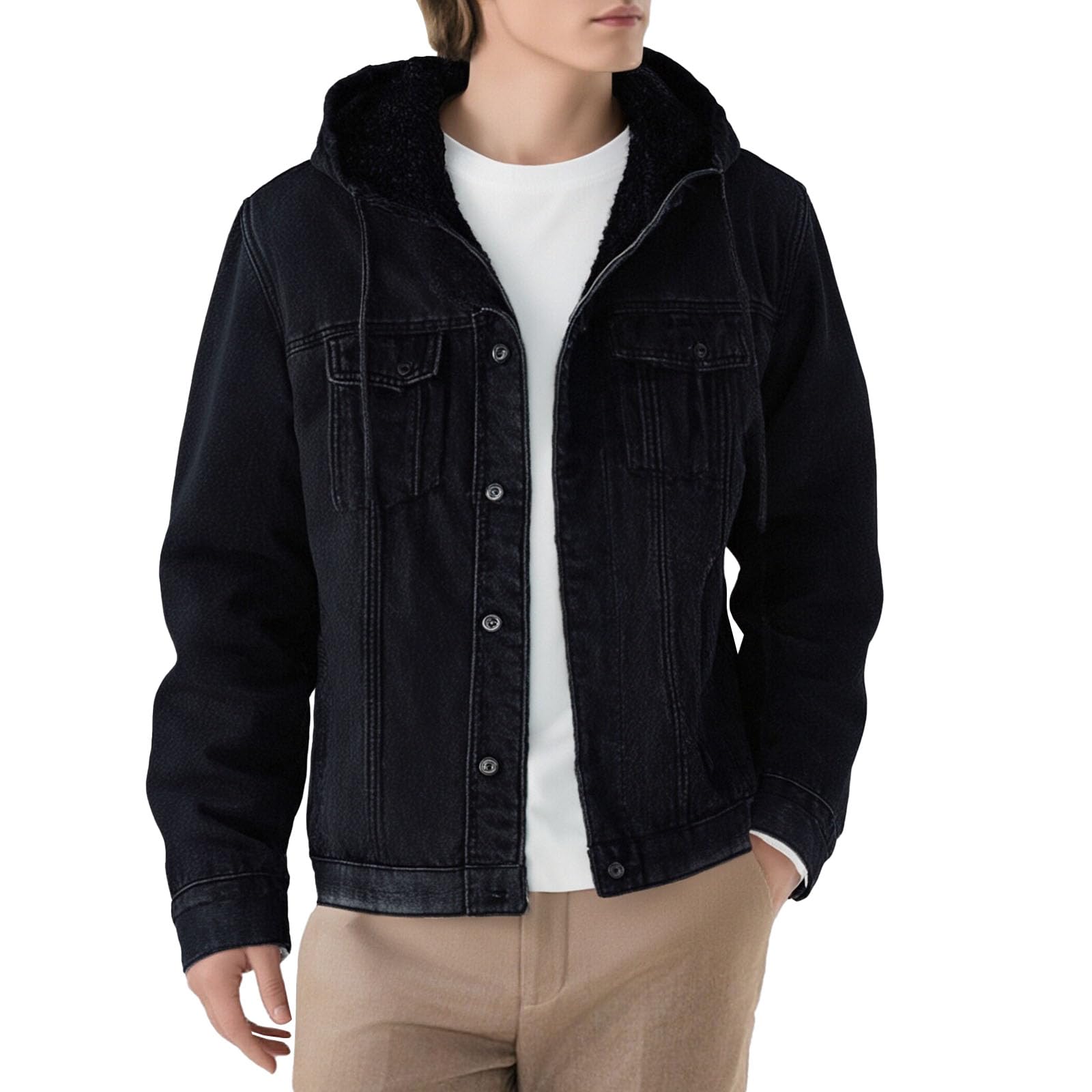 Chaqueta vaquera estilo camionero con capucha desmontable para hombre, forrada con borreguillo sintético y forro polar. Colección de moda 2025.