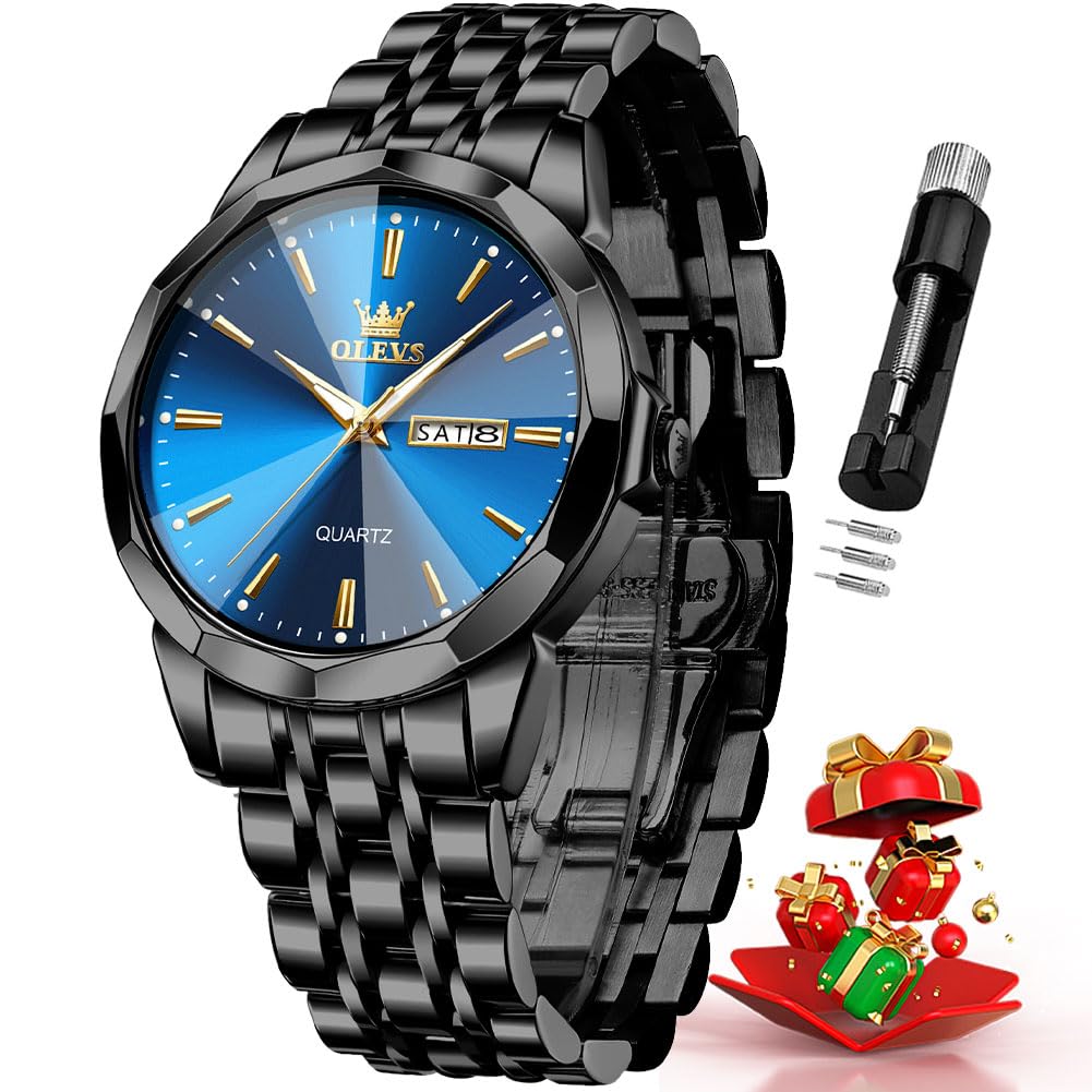 OLEVS Watches for Men Business Dress Diamond Analog Quartz Big Face Luxury Classic Stainless Steel Waterproof Luminous Two