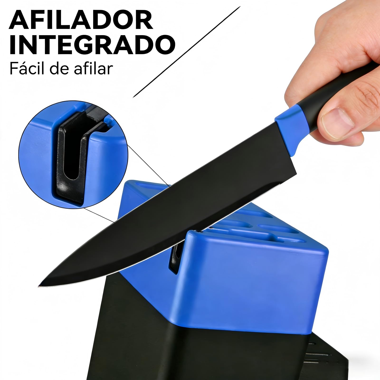 Juego de Cuchillos de Cocina, 14 Piezas, Bloque de cuchillos auto-afilables, con Cuchillos de pan y Tijeras, Mangos Ergonómicos Antideslizantes Para Chef y Uso Doméstico (Azul)