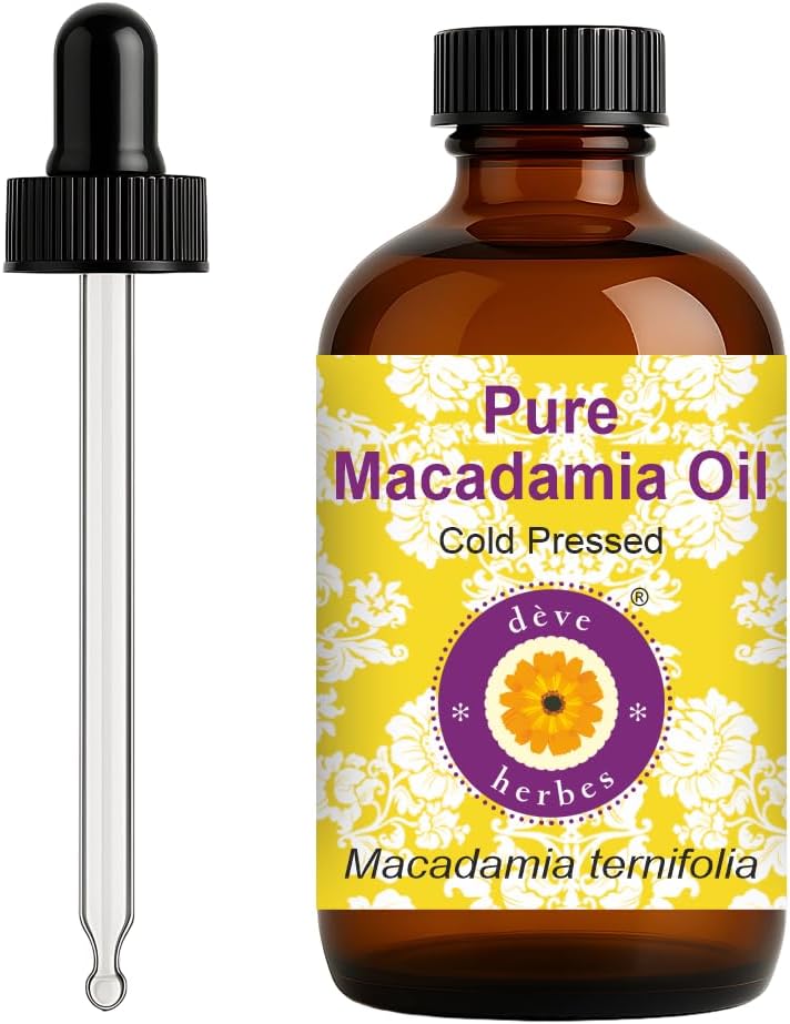 dève herbes Macadamia Oil (Macadamia ternifolia) with Glass Dropper | Cold Pressed | Pure | Natural | For Diluting Essential oils | For Skin & Massage | Non-Sticky| Lightweight| Unisex | 120ml (4 oz)