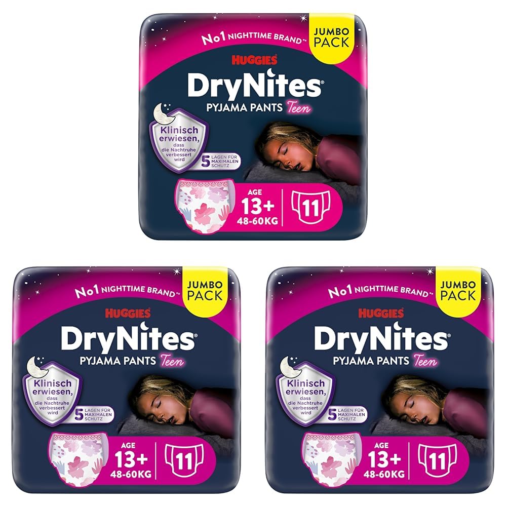 Huggies DryNites Nachtwindeln bei Bettnässen, für Mädchen ab 13 bis ca. 17 Jahre (48-60 KG), 33 Stück (3x11), Jumbo-Monatspack, Windel-Pants XL (Packung mit 3)