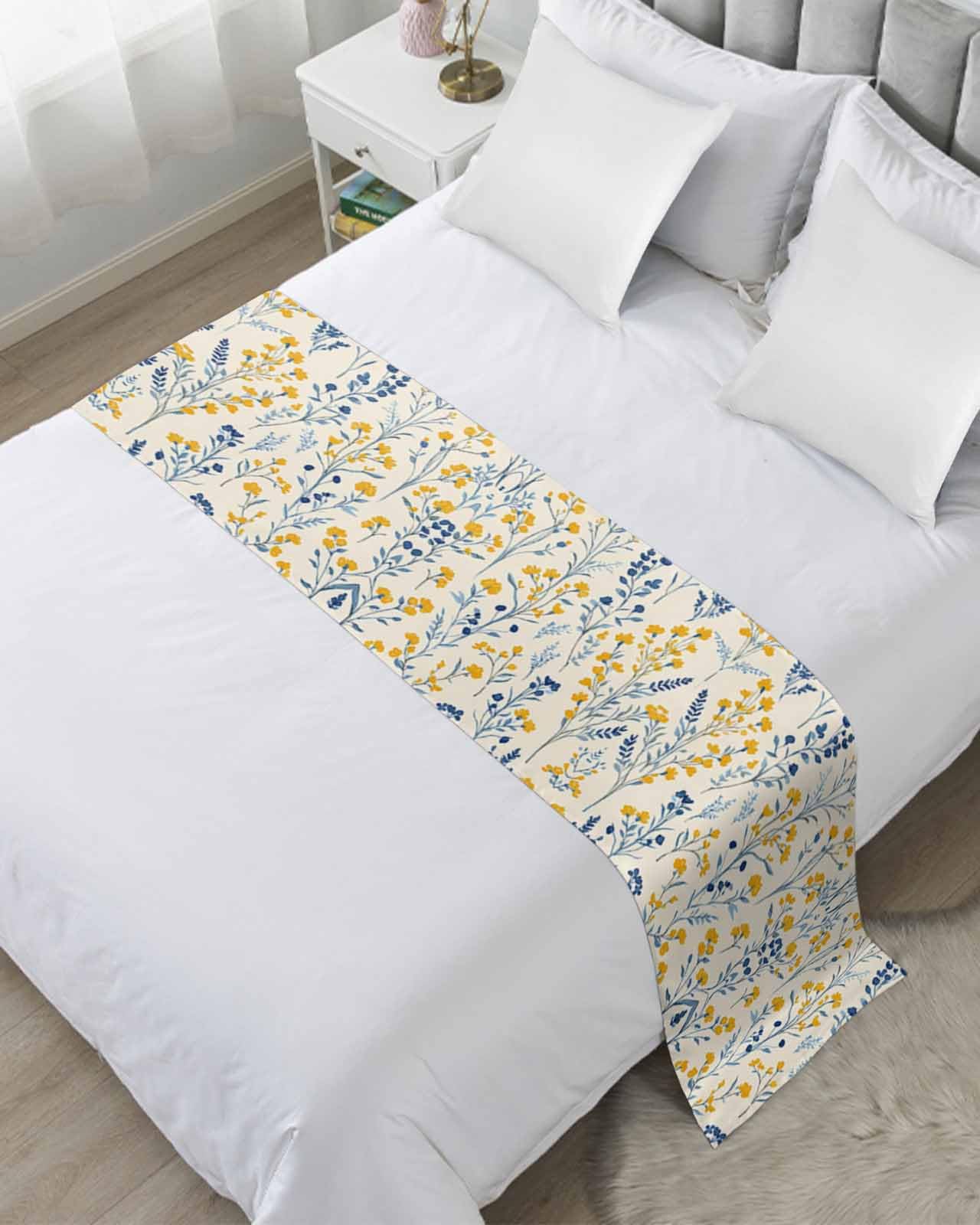 Blue Yellow Spring Floral Bed Runner for Full/Queen Size, Summer Blooms Botanicals Bedspread Protector Slipcover Bed Scarf for Foot Runners & Scarves for Bedroom Hotel Wedding Room 83x20 Inches