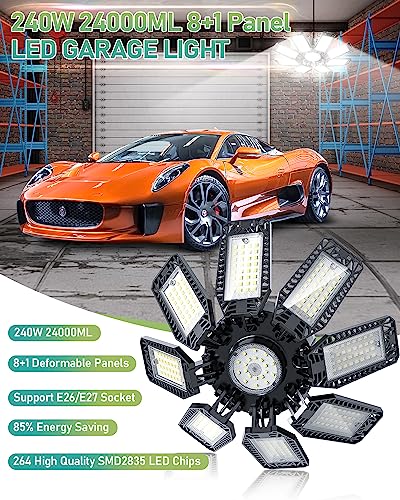 240W 6500K LED Garage Light - 24000LM, 8+1 Panels Support, E26/E27 Ceiling Fixture