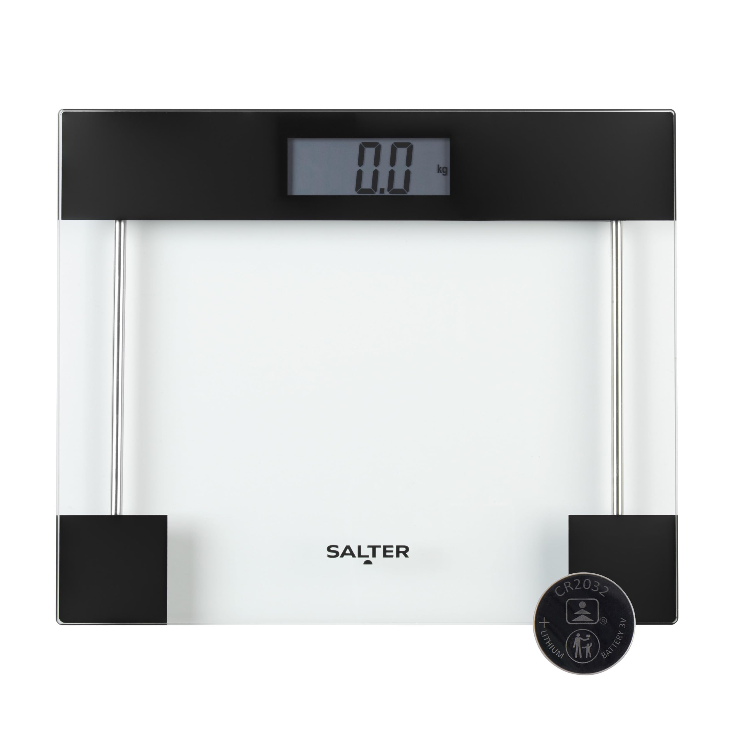 Salter Clear Glass Bathroom Scale – Body Weight Measurements, Toughened Platform, 180KG/400lbs Capacity, LCD Digital Display, Compact, Instant Readings, Kg/St/Lbs, Transparent/Black