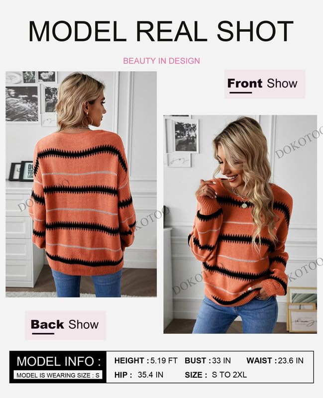 Image of Dokotoo Womens Color Block Sweaters Long Sleeve Pullover Knit Tops | Winter,Cable Knit,Casual,Loose,Striped,Soft,Warm