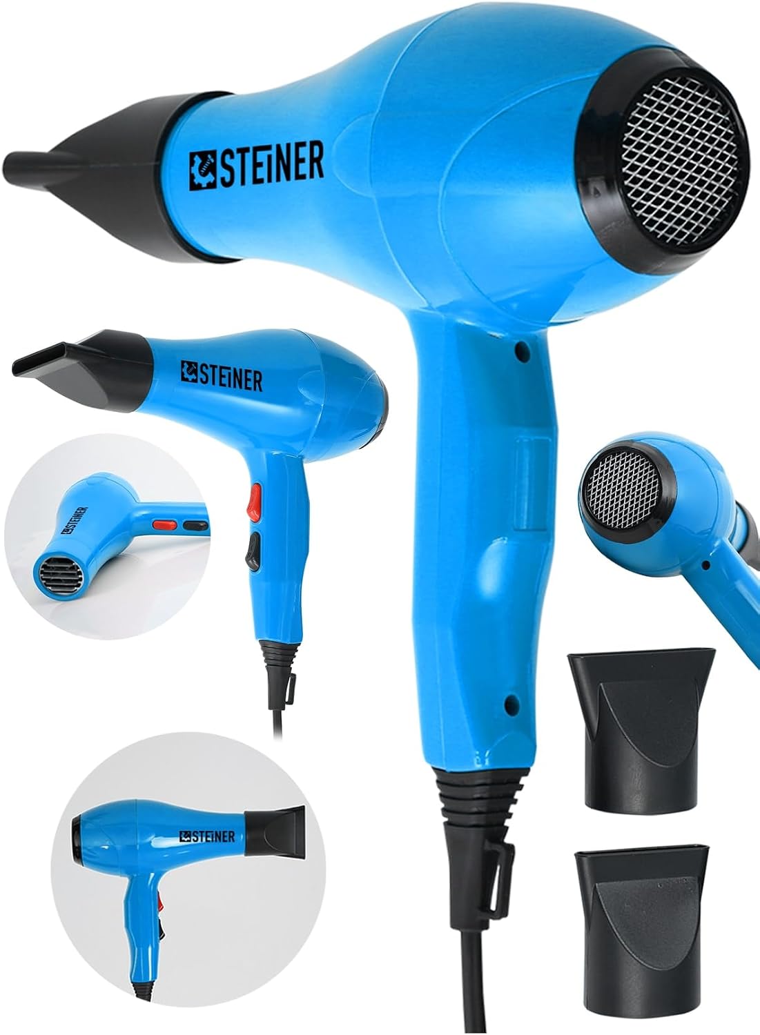 Steiner Alman 3600 Watt Profesyonel Saç Kurutma Makinesi Fön Makinesi Ac Motor Ms-9001 Mavi + 2 Adet Başlık