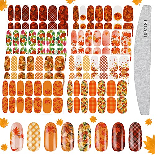 112 Pieces Full Wraps Nail Polish Stickers Self-Adhesive Autumn Thanksgiving Theme Nail Stickers Nail Art Decals Strips for Women Girls DIY Nail Decoration Manicure Accessory (Maple Leaf)