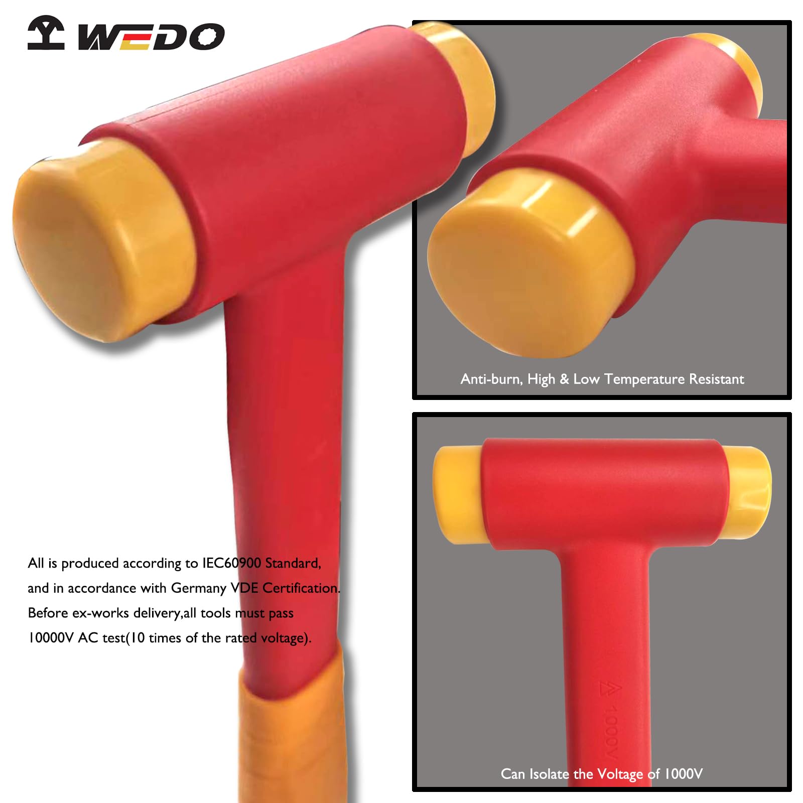 WEDO Martillo aislado, martillo de mazo no rebote, martillo de seguridad VDE de 1000 V, longitud 160 mm, diámetro de la cabeza 40 mm, martillo sin retroceso, aislamiento integral, mango