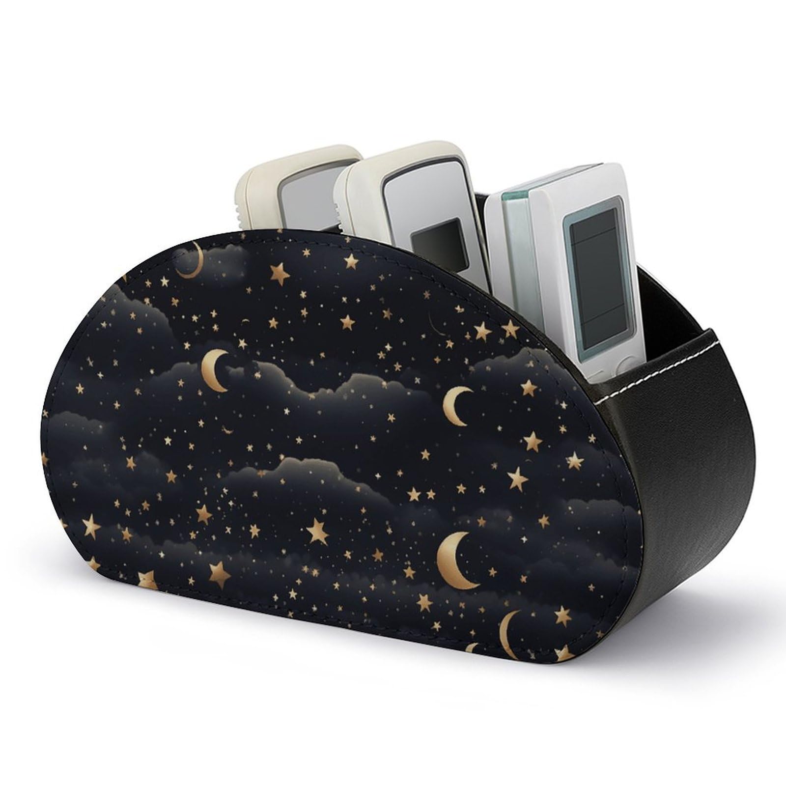 Stars And Moon on Dark Background Remote Control Holder with 5 Compartment Organizer Box, Leather TV Remote Holder Organizer Caddy for Table, PU Leather Remote Box for Nightstand Office Desk Storage B