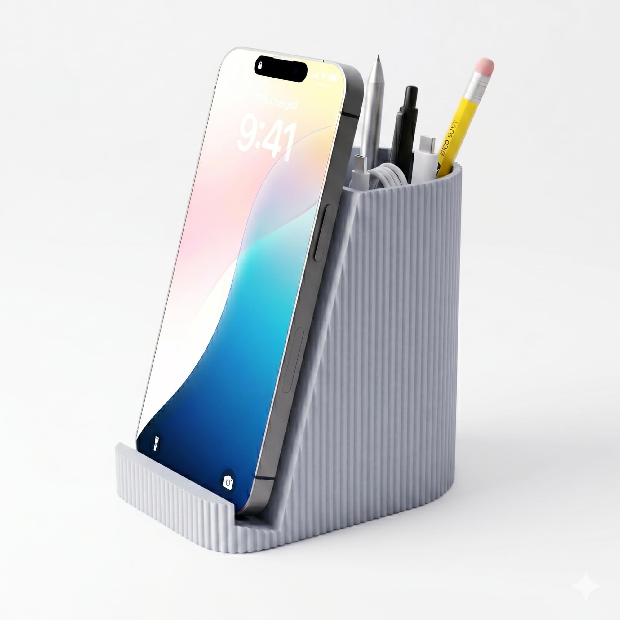Pen Holder with Phone Stand | Desk Organizer for Office Desk | Pencil Holder and Mobile Stand | Desktop Organizer for Pens Pencils Markers and Scissors (Gray)-image-24