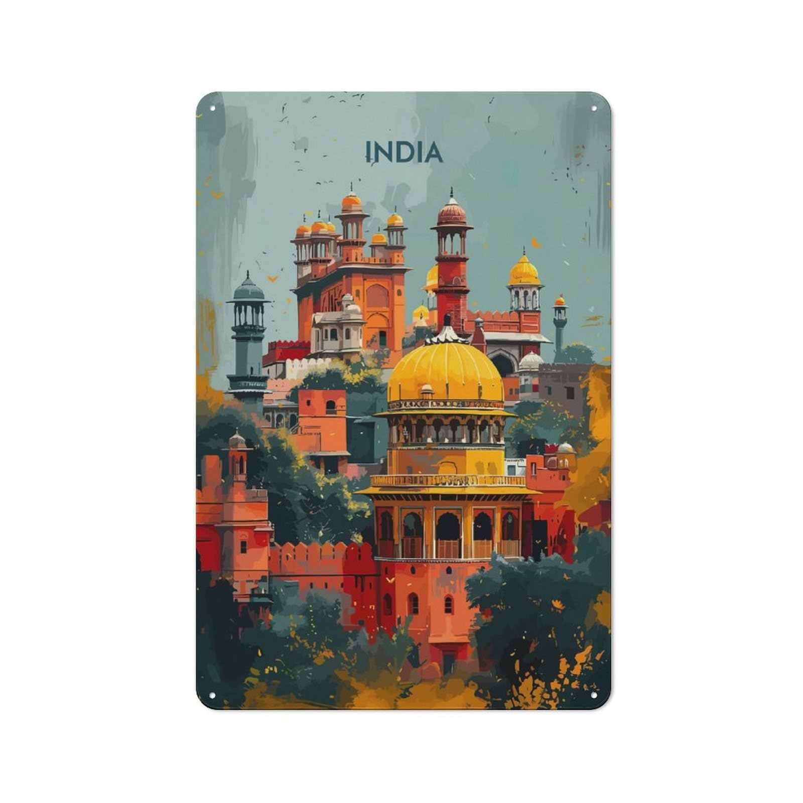 Junmoney Style India Cityscape Travel Barn Metal Wall Decor 30X20cm, Country Metal Sign For Kitchen, Cottage, Porch Or Garden Room