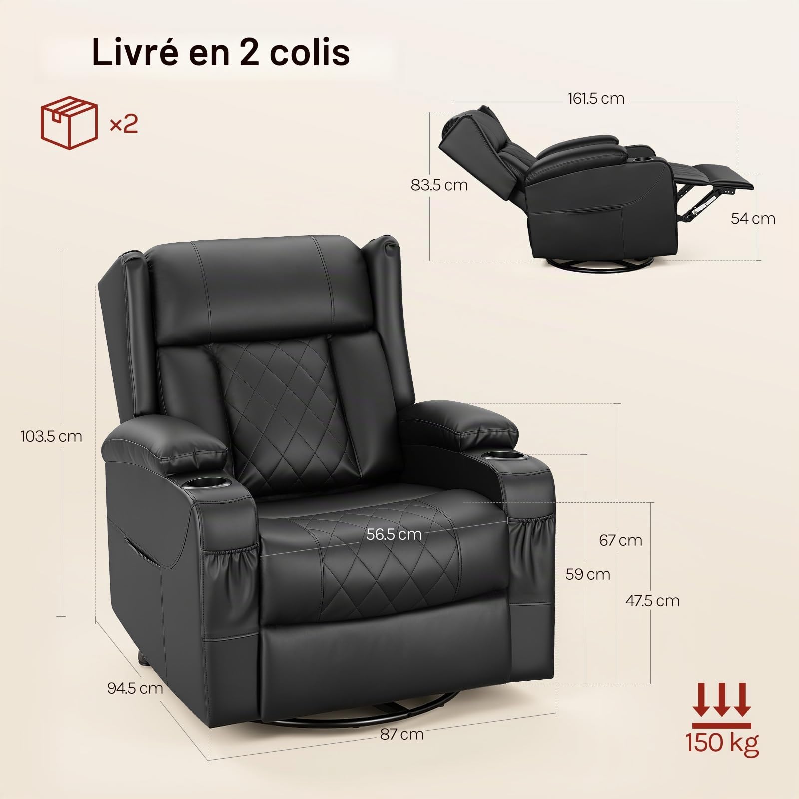 WOLTU Fauteuil Relax Pivotant à 360°, inclinable, Bascule, PU, Noir | Fauteuil TV, Dossier Inclinable, Bascule, Repose-Pieds, Poches Latérales et Porte-gobelet, Charge 150 kg