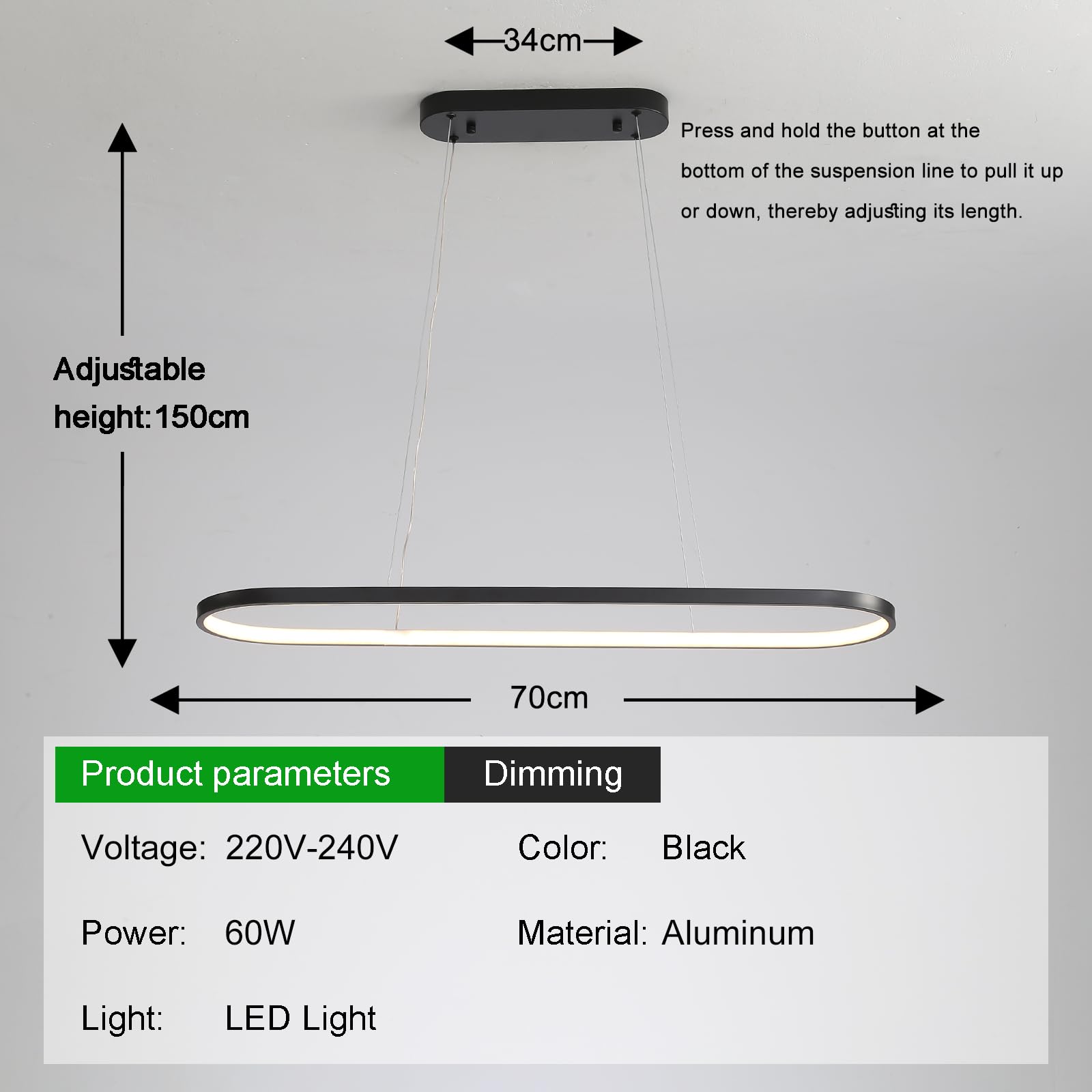 Lámpara de araña Ovalada Lampara LED Regulable Lamparas Circular Iluminación colgante Moderna para Mesa Comedor Con Control Remoto Altura Ajustable para Sala Comedor Cocina Negro 70cm