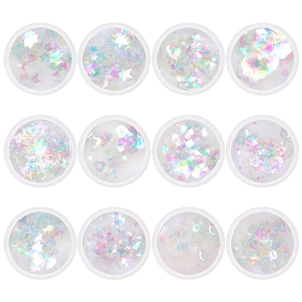 Aurora Iridescent Mixed Shape Glitter Set / 12 Jars, Magic Iridescent Nail Art Glitter Decoration, Ultra Sparkly Mermaid Nail Glitter, Home DIY/Nail Salon Manicure