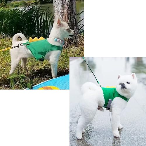 Miniatura 2 de Juego de arnés y correa para perro con forma de dinosaurio, arnés de chaleco verde con cuerda para caminar, chaleco cómodo sin tirones para mascotas