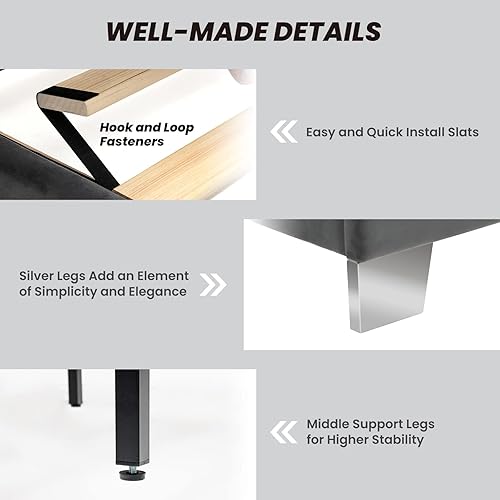 Miniatura 6 de Giantex Base de cama tapizada, plataforma moderna con cabecera de terciopelo capitoné con botones, marco de cama tamaño matrimonial, base de colchón