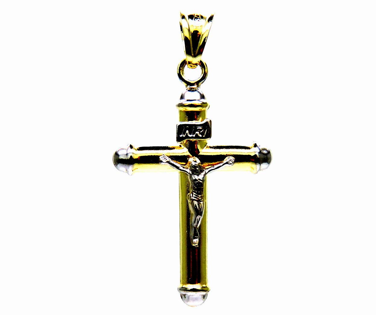Ciondolo da Uomo in Oro Giallo e Bianco 18Kt (750) Pendente Religioso Croce Cristo Cappucci Bicolore