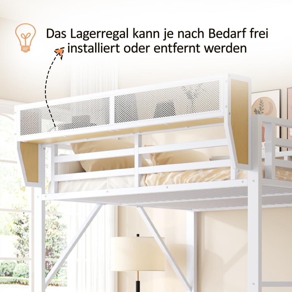 Cama alta de 140 x 200 cm con estructura de metal, cama de matrimonio de 140 x 200 cm con escalera de seguridad y compartimento contenedor flexible, cama para niños, sin colchón, color blanco