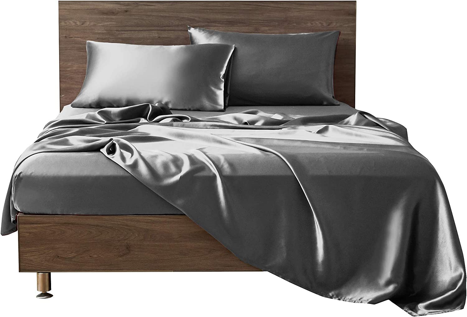 HOME-FURNISH Queen Satin Sheets Set - Silky Soft Cooling Bed Sheet Set Queen Size Fit up to 16 Inch Deep Pocket - Satin Queen Sheet & Pillowcase Sets 4 Piece - Silky Satin Sheet Queen, Dark Grey